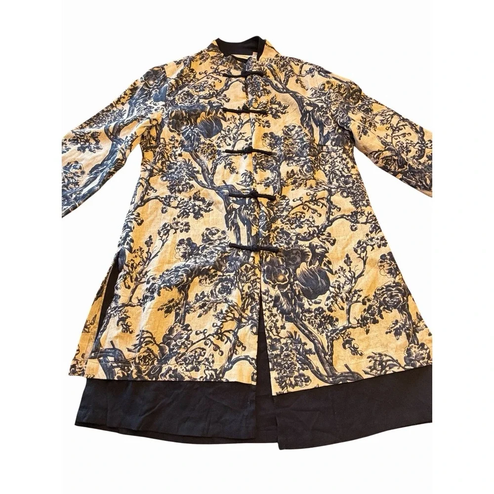Soft Surroundings Empress Blue Floral Mandarin Style Jacket Tunic Linen Small